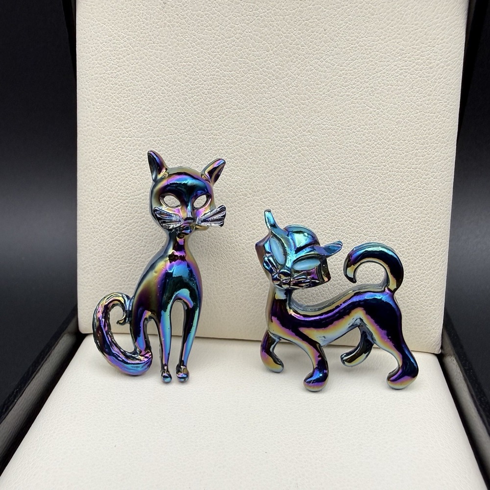 Vintage Set of 2 Iridescent Luster Cool Cat Brooch MCM Atomic Style Scatter Pins